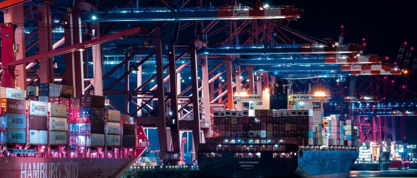 Harbour and inland logistics infrastructure at an industrial waterfront